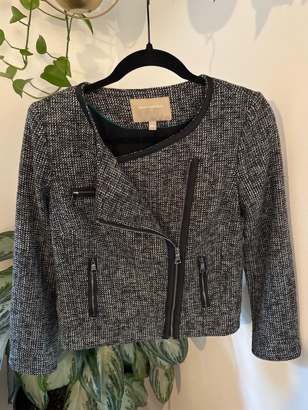 Banana Republic Black and White Tweed Cropped Moto Blazer